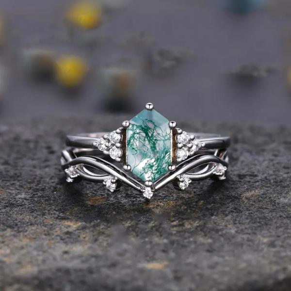 Engagement 925 Sterling Silver Hexagon Cut Natural Quartz Ring Real Green Moss Agate