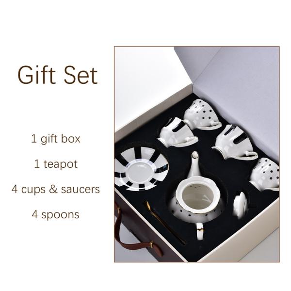 Porcelain Tea Set For Ramadan Gift Sustainable Tea Cup Teapot Saucers And Plates Gold rimmed cups