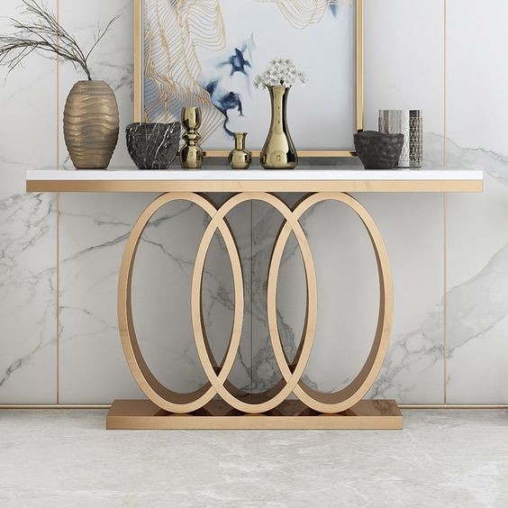 White Rectangular Stylish Tea Table Luxury Arrow Console In Gold 150X45X80