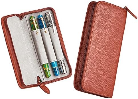 Genuine Leather Fountain Pen Case 3 Divided Slots Black Color, Zippered Pen Case Pouch