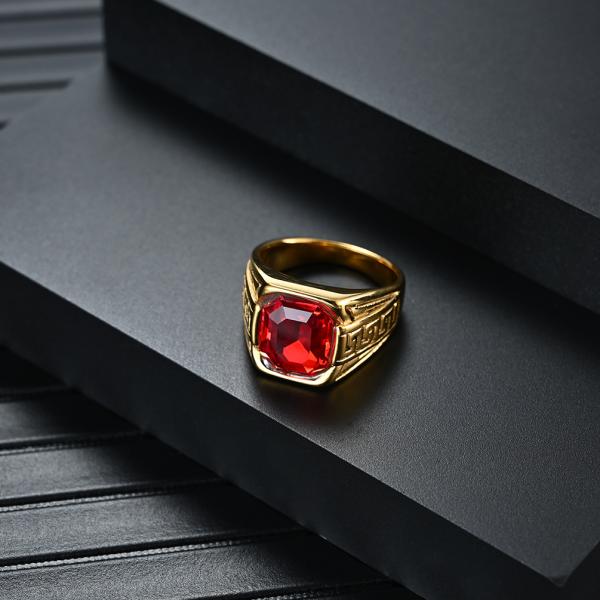 316 316L Stainless Steel Gold Plated Ring Jewelry For Men With Ruby Crystal Stone