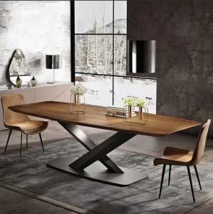 Quality Luxury X  Cross Industrial Solid Wood Dining Table With Metal Base Grain Pattern for sale