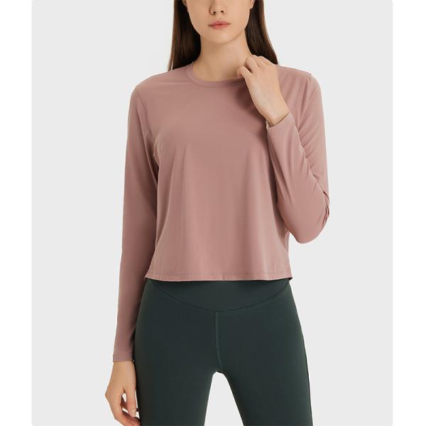 Round Neck Casual Yoga Tops Solid Tees Womens Long Sleeve Cropped T - Shirts
