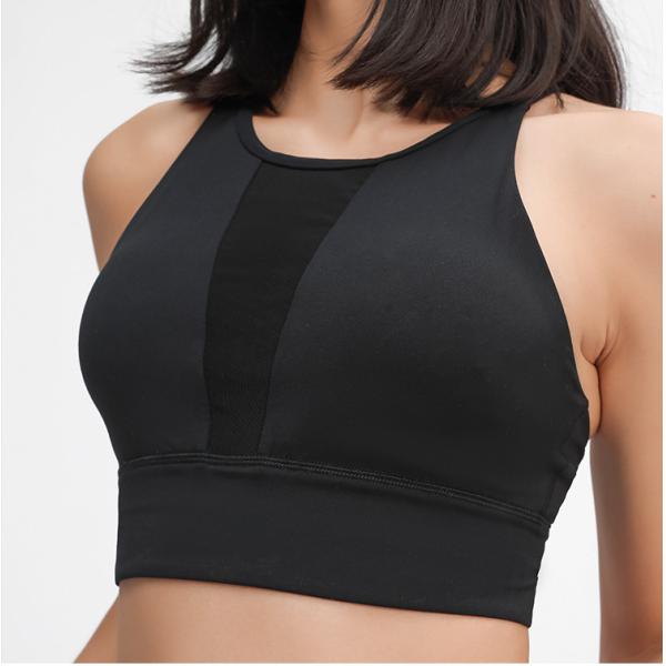 Mesh Stitching Womens Sports Bra Pull Round High Neck Gathered Shockproof