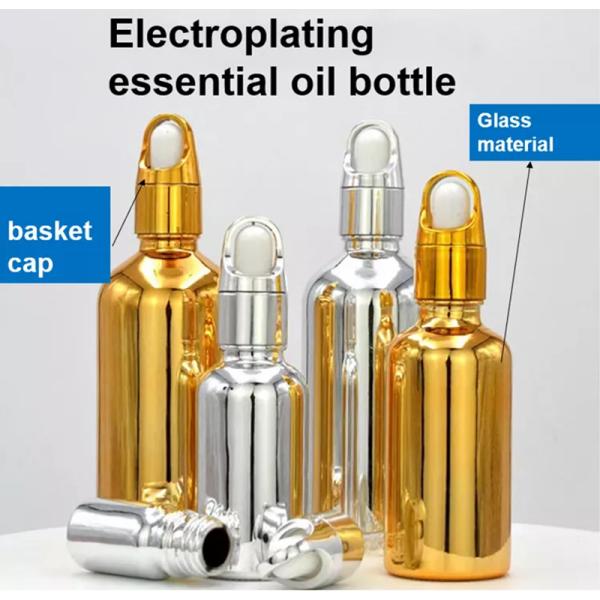 Luxury Cosmetic Package 10ml 20ml 30ml 50ml Electroplating Gold Color Essential Oils Serum Glass Dropper Bottle with Basket Cap