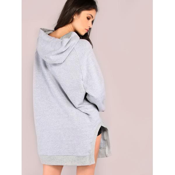 New Designs Slit Hooded Pocket Front Dropped Shoulders Sweatshirt for Women