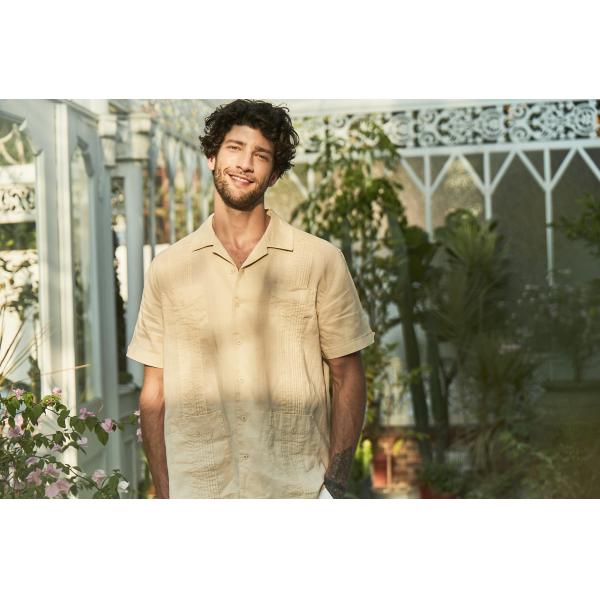 Ramie Men's Casual Short Sleeve Shirts Cuban Dress Apricot Loose