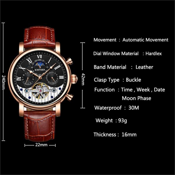 KINYUED New Silver Case Moon Phase Clock Movement Genuine Crocodile Watch Strap Water Resistant Watch