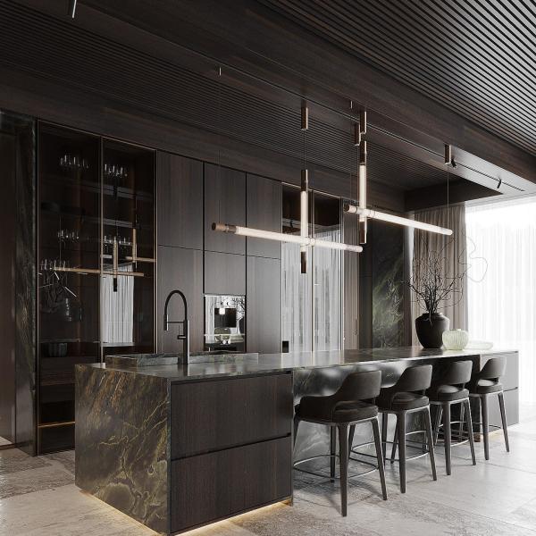 Luxury Home Furniture Modular Walnut Wood Veneer Matt Black Color Glass Door Kitchen Cabinet Modern Design