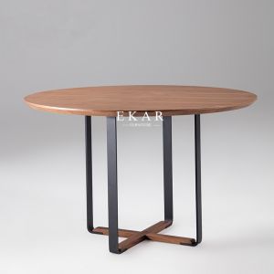 Wooden Walnut Metal Legs Round Dining Table With Rotating Centre