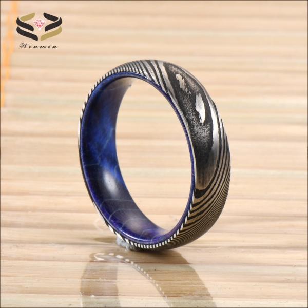 Etched Damascus Wedding Rings 6mm 8mm With Blue Purple Wood Sleeve Inlay