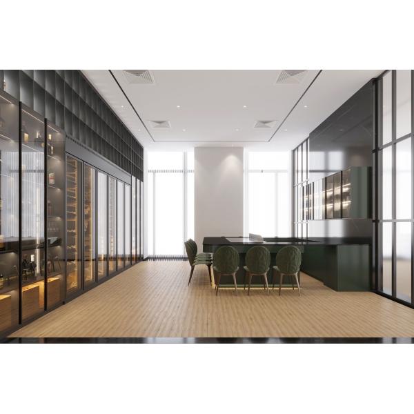 Full-Wall Stainless Steel Wine Cabinet With Storage And Seating In Elegant Black