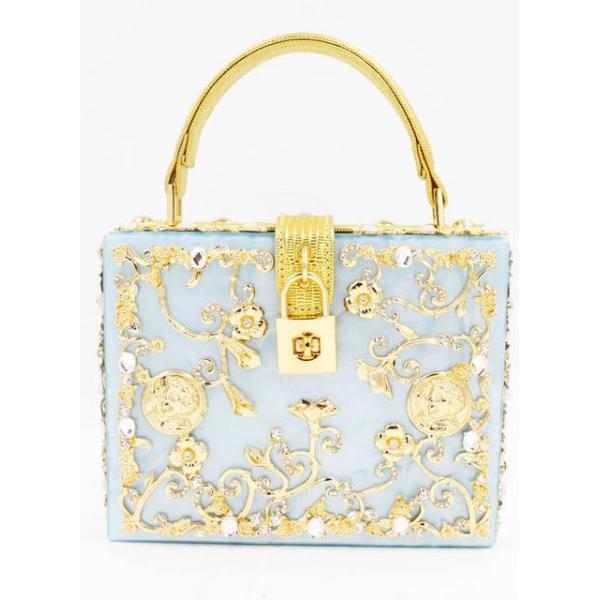 Light Blue Sparkly Glitter Acrylic Clutch With Gold Rhinestone And Handle