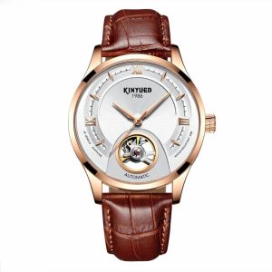 Quality Gold Case Mens Mechanical Watches Hollow Out Dial Leather Band for sale
