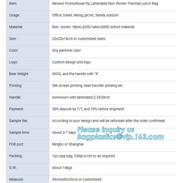 Newest promotional pp laminated non woven thermal lunch bags, Cheap Price Tote Shopping Non Woven Bag, bagease, package