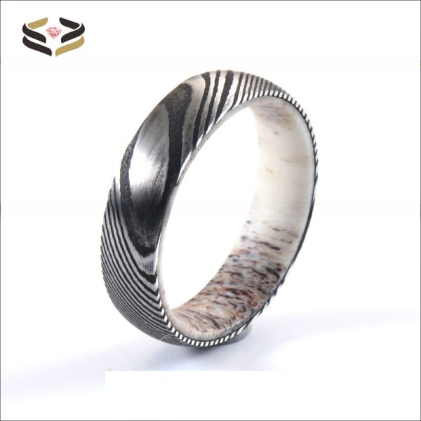 Etched Wedding Damascus Steel Rings 6mm 8mm With Deer Antler Sleeve Inlay