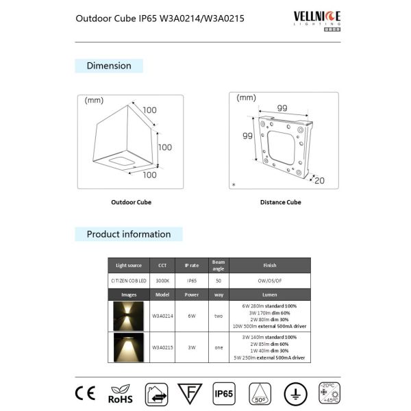 5 years warranty IP65 6W Outdoor Cube Decorative Up And Down LED Wall Light Dimmable Driver