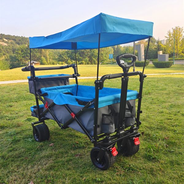 Camping Utility Folding Wagon Cart Beach Trolley With Adjustable Roof Trunk Basket