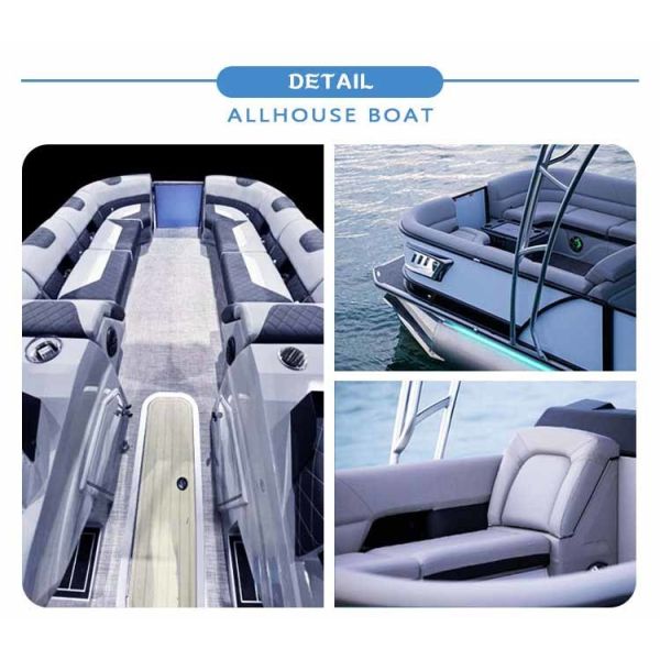 Interior view of pontoon boat showing seating area and bar counter