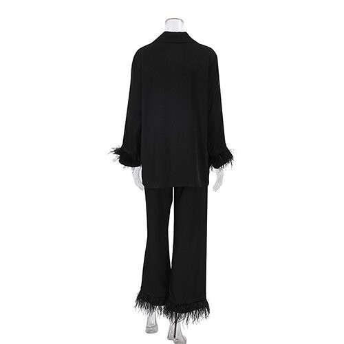 OEM maufactory Autumn Long Sleeved Ostrich Hair Pajamas Cotton Silk Trousers Suits Outside Wearing