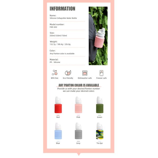 Food Grade PP Silicone Water Bottle Foldable 350ml 550ml 750ml
