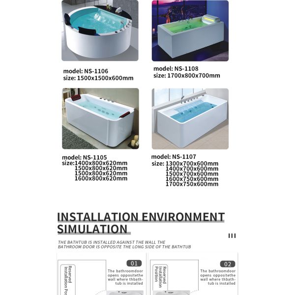 Acrylic Waterfall Bathtub and Whirlpool Bathtub Left Side Skirting Indoor Bathroom Bathtub
