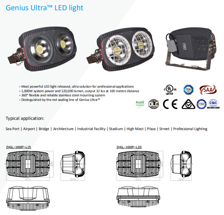 1000w Outdoor LED Stadium Lights Baseball Field Sports Lighting With High Lumen Output