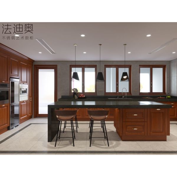 New Chinese Style Wood Grain Kitchen Cabinet With Floor-Standing Island
