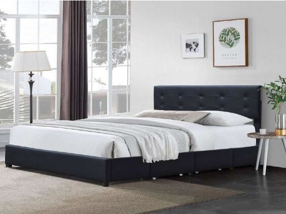 Minimalistic Queen Bed Frame Black Tufted PU Leather Headboard