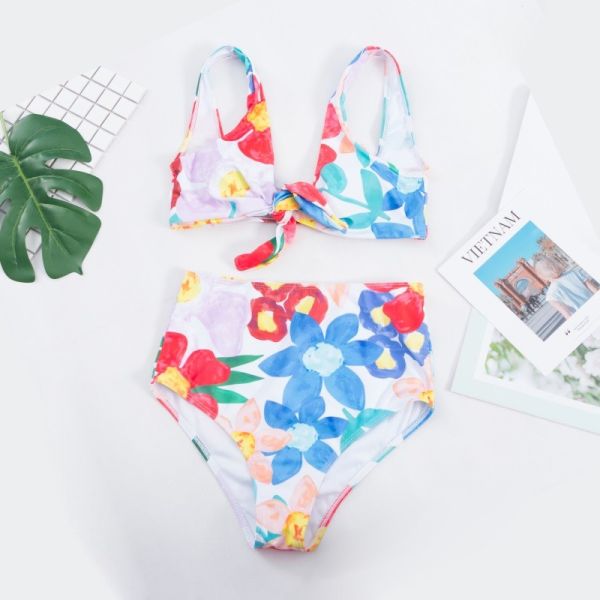 push up bathing suits Tie a Knot Two-piece Bathing Suit Bikini With Flower Print High Waist Swimsuit