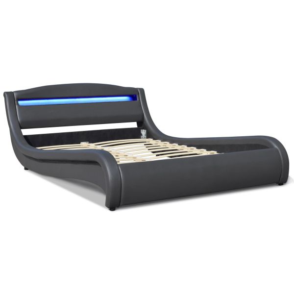 Light Grey Upholstered Tufted Queen Bed LED King Size PU Modern Platform Bed Frame