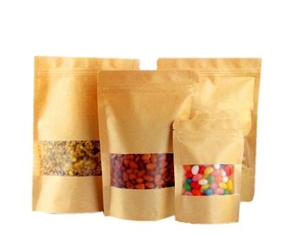 Food grade Resealable zipper pouch brown kraft paper bag with window seeds bag