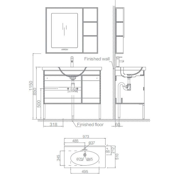 PVC Bathroom Cabinet 3 Drawer Free Standing Vanity Hotel Modern Design