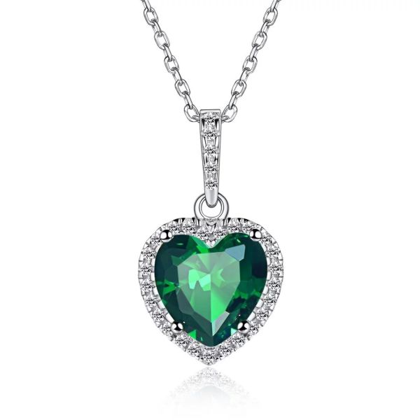 Chic Silver 925 Sterling Silver Heart Pendant Necklace Simulated Emerald Birthstone Necklace