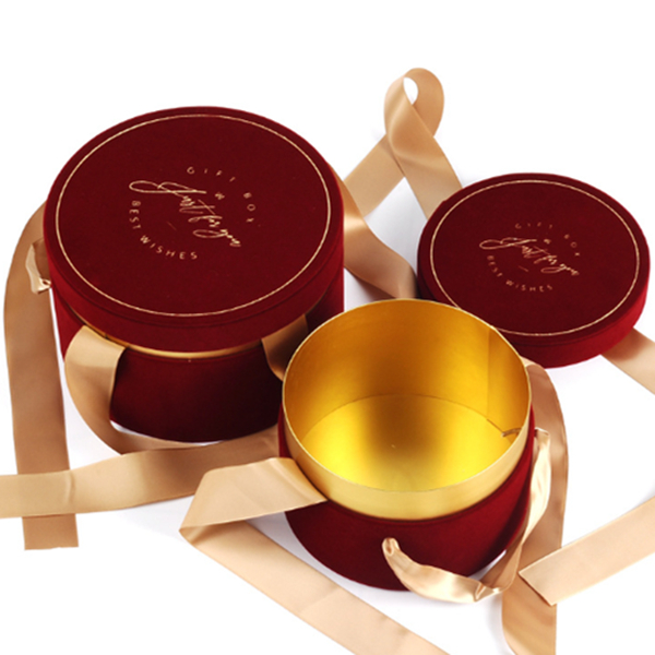 Gold Foil Logo Round Velvet Rose Flower Hat Box Small Mothers Day Gift Box with Ribbon