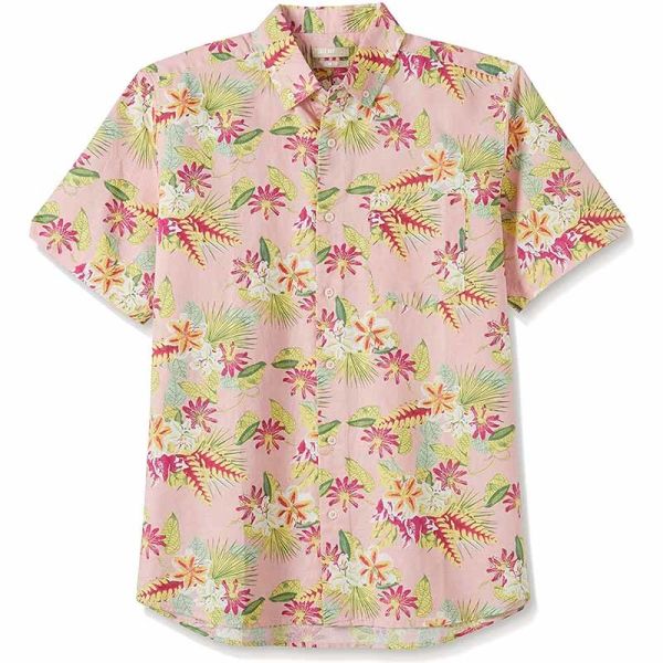 Floral Print Mens Casual Short Sleeve Shirts Button Down 52% Linen 48% Cotton Blend
