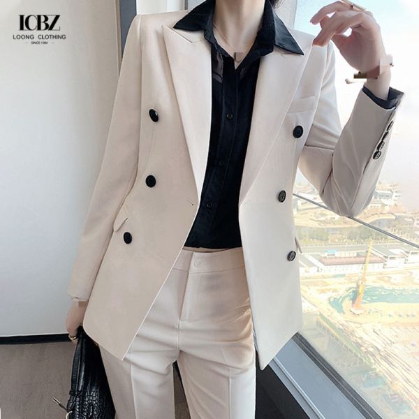 Nonwoven Women's Office White Dress Suit 2023 Top and Pants with Single Button Blazer