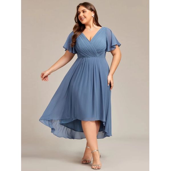 Chic V-neck High-low Short Flutter Sleeves A-line Ruffles Midi Invisible Zipper Dusty Navy Chiffon Wedding Evening Dress