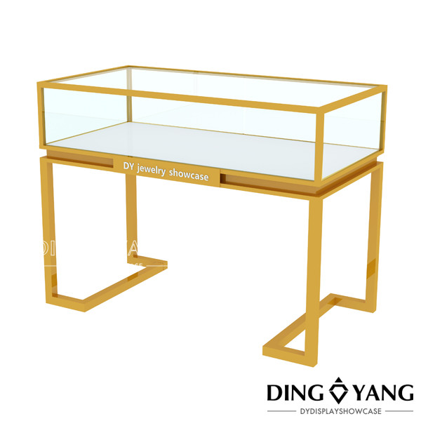 Custom Made Shinning White Brush Gold Jewelry Table with Glass Display and Locks