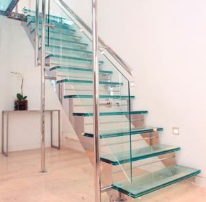 China Glass Step Modern Straight Staircase With Stainless Steel Glass Railing on sale