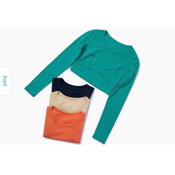 Rib Striped Ladies Yoga Tops Active Stretch Fitness Long Sleeve Yoga Crop Top