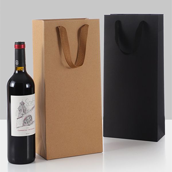 Drawstring Handle Recyclable Paper Kraft Wine Bottle Box Bags Coated Paper