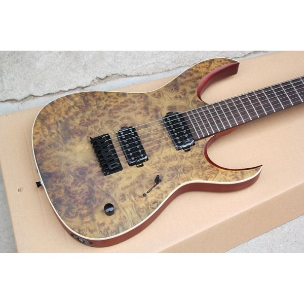 Custom Brown 7-String Alder Electric Guitar with Burl Veneer,24 Frets,2 Open Pickups,White Binding