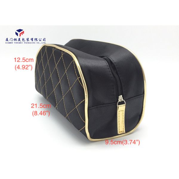 Round Corner Design Fabric Makeup Bag Black Zipper With Gold Leather Head
