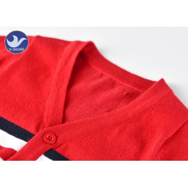 Red V Neck Boys Cardigan Sweater Children Cotton Knitted Outwear For Spring / Autumn