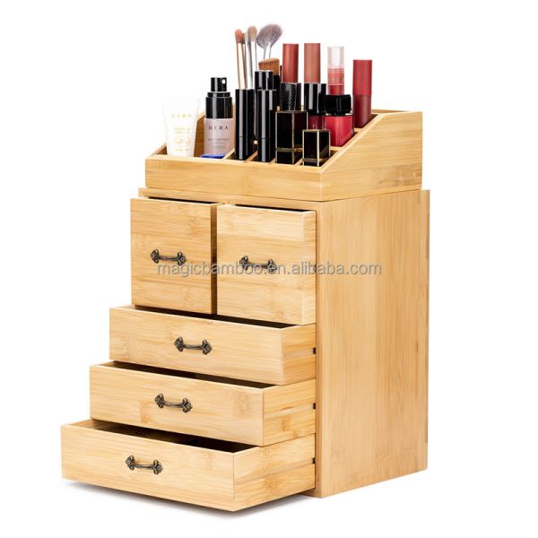 Countertop Bamboo Wooden Makeup And Jewelry Drawer Organizer Box