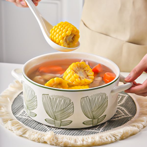 Sustainable Floral Green Ceramic Pan Soup Bowl Set with Glass Cover and Pot Cover Type