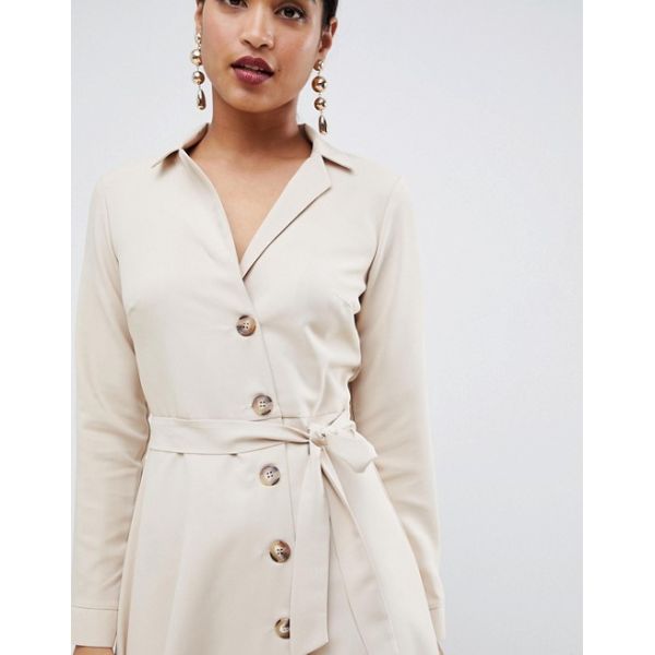 custom made fashion beige mini shirt dress with buttons