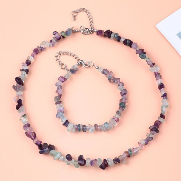 Handmade Adjustable Chips Gravel Stone Bracelet Necklace Set Irregular Crystal Healing Energy Jewelry Kit