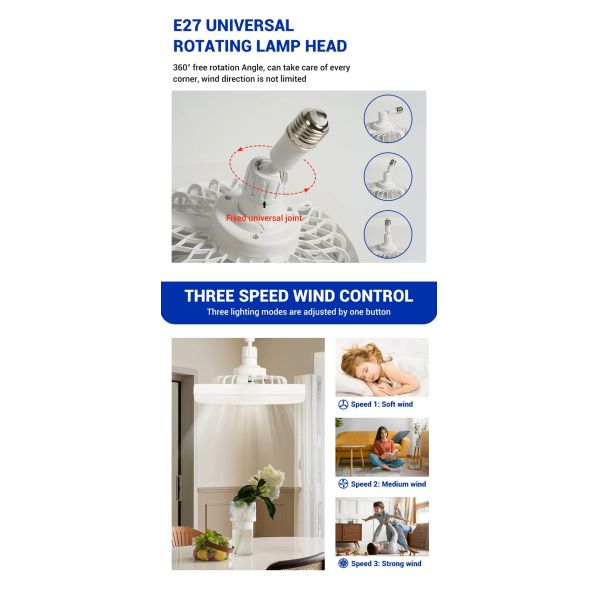 Socket Fan Light with Remote Control 3 Colors Dimmable LED Ceiling Fan 14W for Bedroom Kitchen Storage Room